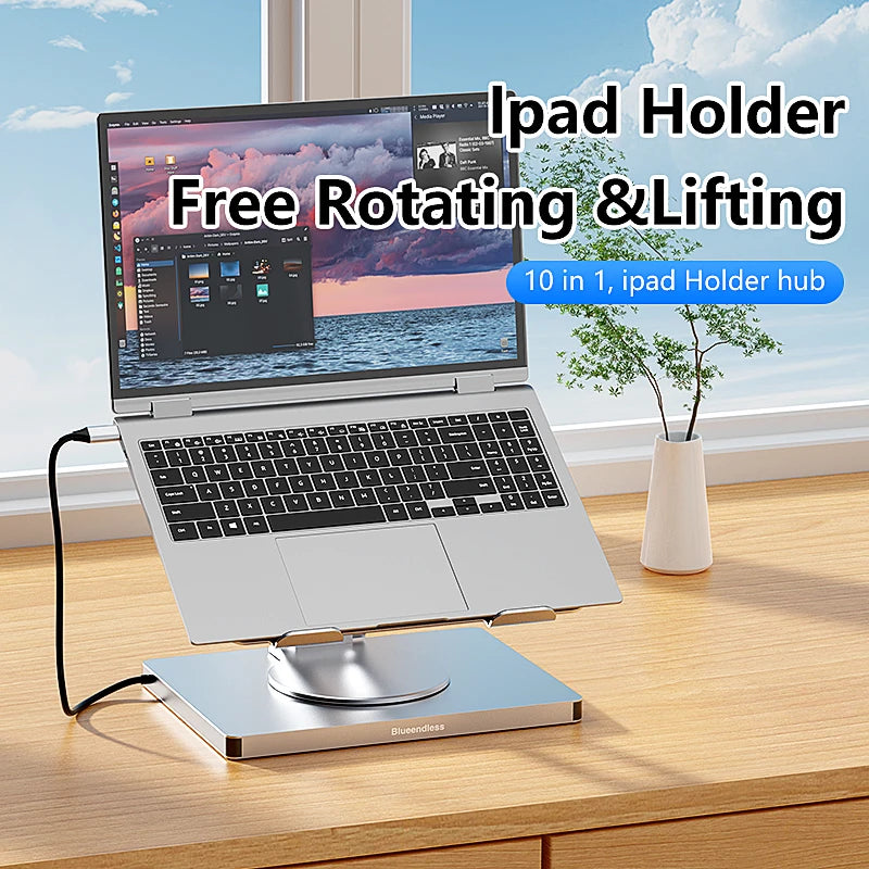Blueendless Aluminum ipad Holder 10 in 1 docking C hub 4K 60Hz Type C Adapter USB3.0 5Gbps 100W PD Charger For Laptop desktop