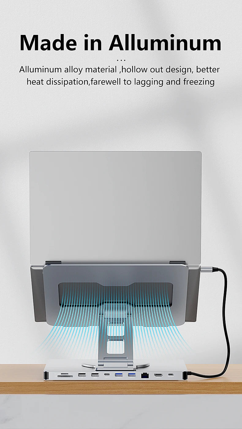 Blueendless Aluminum ipad Holder 10 in 1 docking C hub 4K 60Hz Type C Adapter USB3.0 5Gbps 100W PD Charger For Laptop desktop