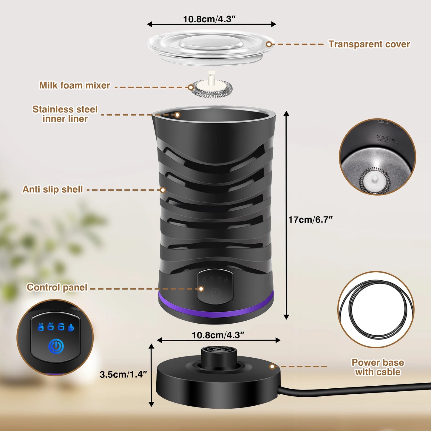 Milk Frother 4-in-1 Electric Milk Frother w/4 Modes Electric Milk Frother for Cappuccino, Latte, Mocha, Macchiato, Hot Chocolate