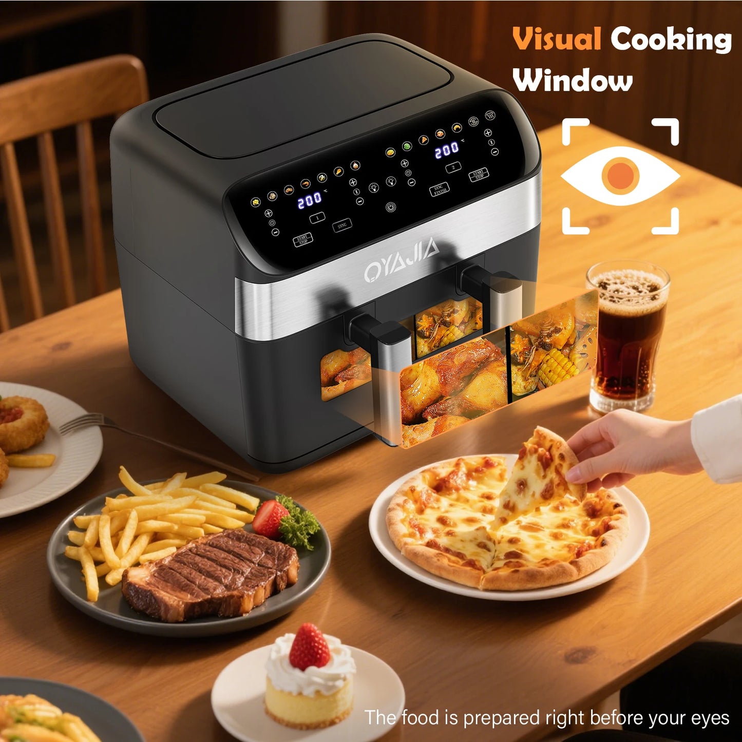 OYAJIA 10L Touch Screen Dual Basket Air Fryer with Viewable Window, 60 Min Timer, 80°C-200°C, 8 Preset Cooking Modes