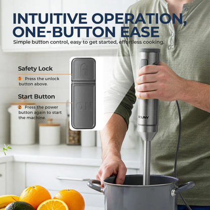 ROUNY 4-in-1 Hand Immersion Blender 1000W Powerful, Stainless Steel Stick Food Mixer,700ml Mixing Beaker,500ml Processor, Whisk