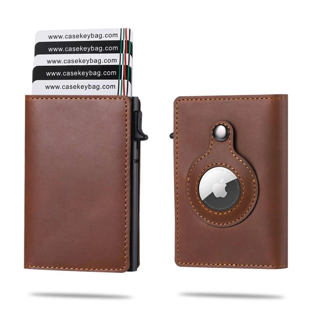CASEKEY Men Cow Leather Smart Airtag Wallet RFID Crazy Horse Premium Leather Magnetic Closure Pop Up Credit Air Tag Card Holder