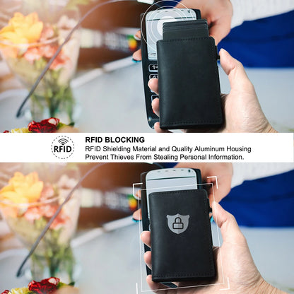 CASEKEY Men Cow Leather Smart Airtag Wallet RFID Crazy Horse Premium Leather Magnetic Closure Pop Up Credit Air Tag Card Holder