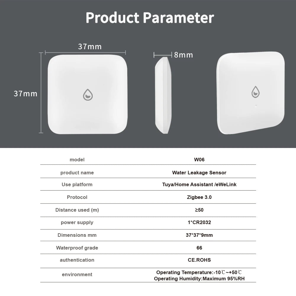 Tiny Water Leakage Smart Sensor ZigBee Smart Leakage Detector Alarm Supports tuya/Home Assistant/eWeLink for Smart Home Security