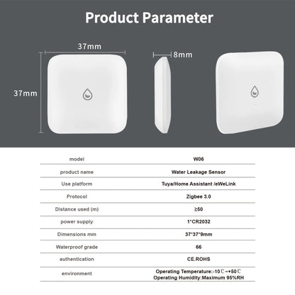 Tiny Water Leakage Smart Sensor ZigBee Smart Leakage Detector Alarm Supports tuya/Home Assistant/eWeLink for Smart Home Security