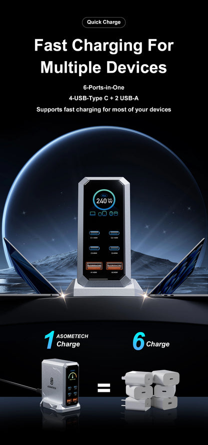 240W GaN Charger PD3.1 140W USB Type C 6 Ports PPS PD Desktop Fast Charging Station for MacBook Laptops Tablet iPhone Samsung