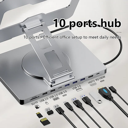 Blueendless Aluminum ipad Holder 10 in 1 docking C hub 4K 60Hz Type C Adapter USB3.0 5Gbps 100W PD Charger For Laptop desktop