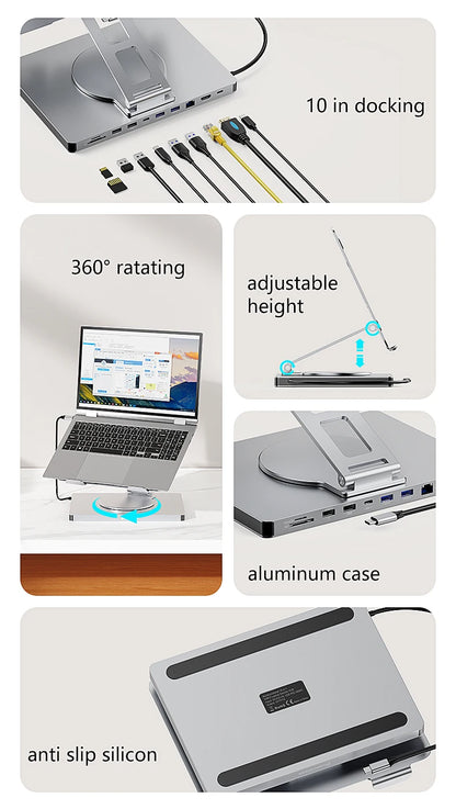 Blueendless Aluminum ipad Holder 10 in 1 docking C hub 4K 60Hz Type C Adapter USB3.0 5Gbps 100W PD Charger For Laptop desktop