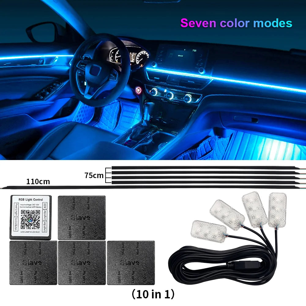 18 in 1 Dual Zone Symphony Streamer Car Ambient Light Interior LED Full Color RGB Neon Acrylic Strip Atmosphere Lighting Kit App