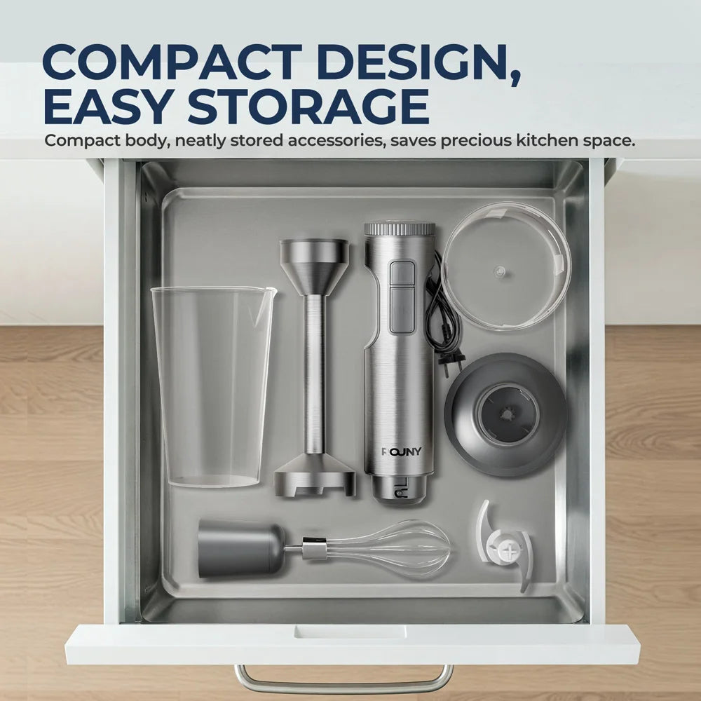 ROUNY 4-in-1 Hand Immersion Blender 1000W Powerful, Stainless Steel Stick Food Mixer,700ml Mixing Beaker,500ml Processor, Whisk