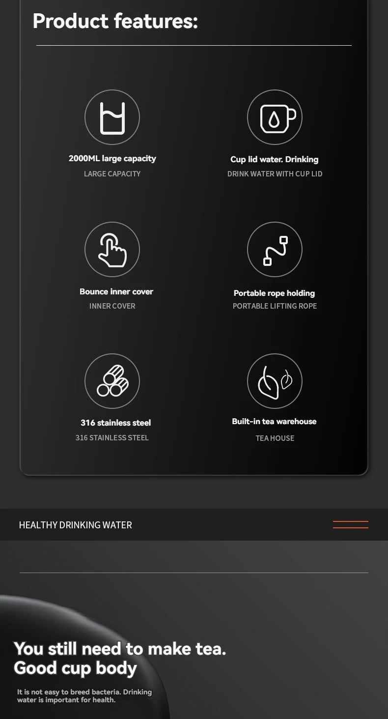 2L Thermos Insulated Water Bottle Hot Water Bottle Vacuum Flask Smart coffee drinkware cup Stainless Steel Double Wall Kettles