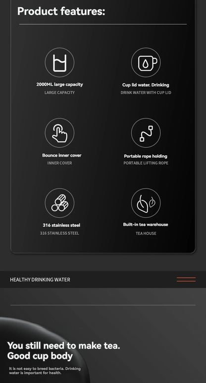 2L Thermos Insulated Water Bottle Hot Water Bottle Vacuum Flask Smart coffee drinkware cup Stainless Steel Double Wall Kettles