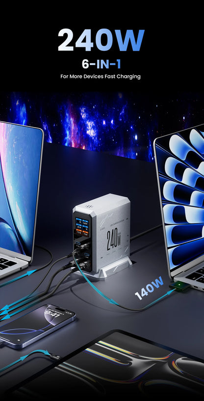 240W GaN Charger PD3.1 140W USB Type C 6 Ports PPS PD Desktop Fast Charging Station for MacBook Laptops Tablet iPhone Samsung