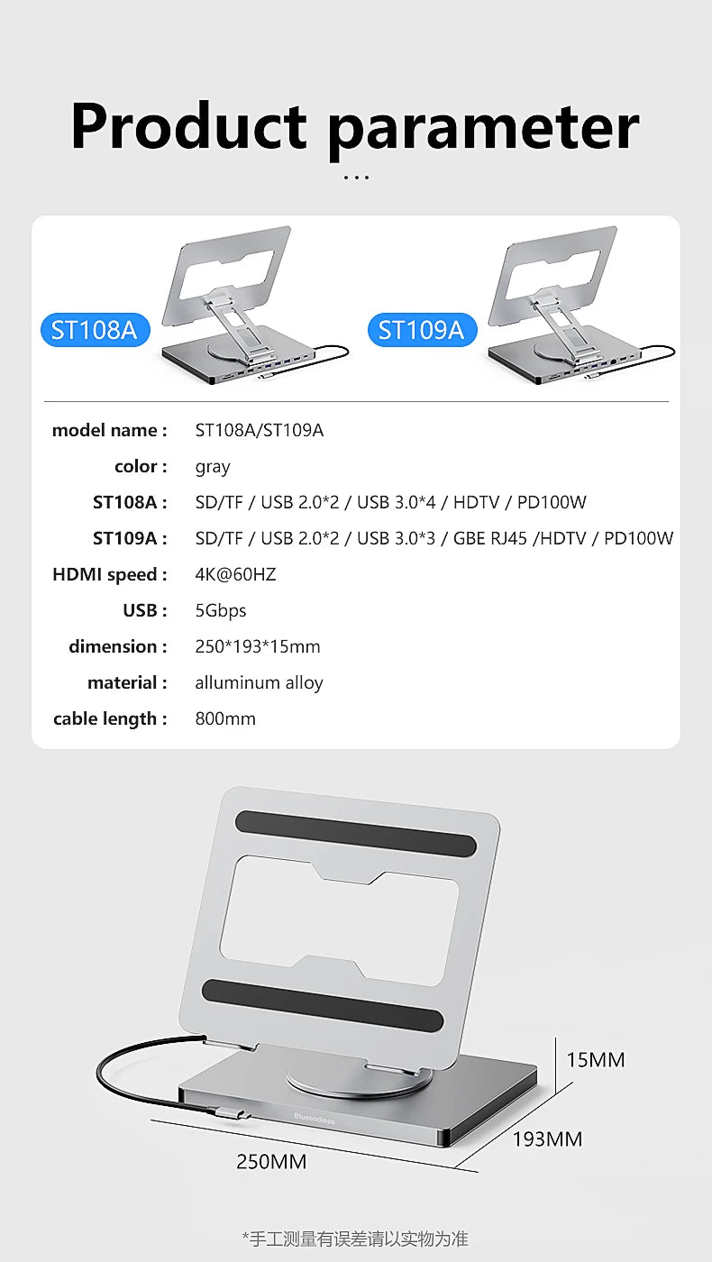 Blueendless Aluminum ipad Holder 10 in 1 docking C hub 4K 60Hz Type C Adapter USB3.0 5Gbps 100W PD Charger For Laptop desktop