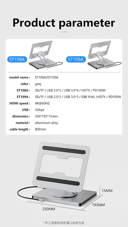 Blueendless Aluminum ipad Holder 10 in 1 docking C hub 4K 60Hz Type C Adapter USB3.0 5Gbps 100W PD Charger For Laptop desktop