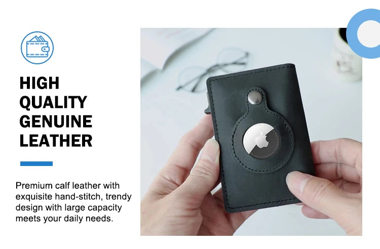 CASEKEY Men Cow Leather Smart Airtag Wallet RFID Crazy Horse Premium Leather Magnetic Closure Pop Up Credit Air Tag Card Holder