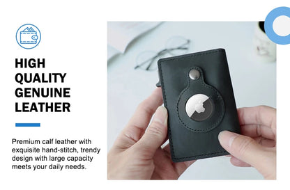 CASEKEY Men Cow Leather Smart Airtag Wallet RFID Crazy Horse Premium Leather Magnetic Closure Pop Up Credit Air Tag Card Holder