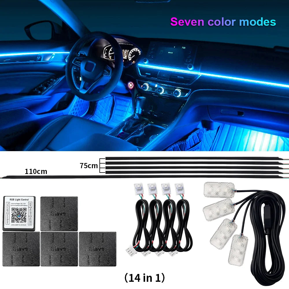 18 in 1 Dual Zone Symphony Streamer Car Ambient Light Interior LED Full Color RGB Neon Acrylic Strip Atmosphere Lighting Kit App