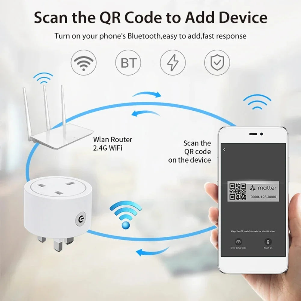 Matter Smart Socket UK WiFi Smart Plug 16A Mini Home Appliance Outlet Voice App Control Work with Alexa Google Home HomeKit Siri