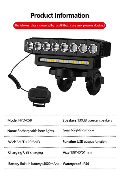 5/8 LED Bicycle Front Light USB Rechargeable 130dB Cycling Bike Horn Easy to Install 6 Modes Bicycle Bell Light