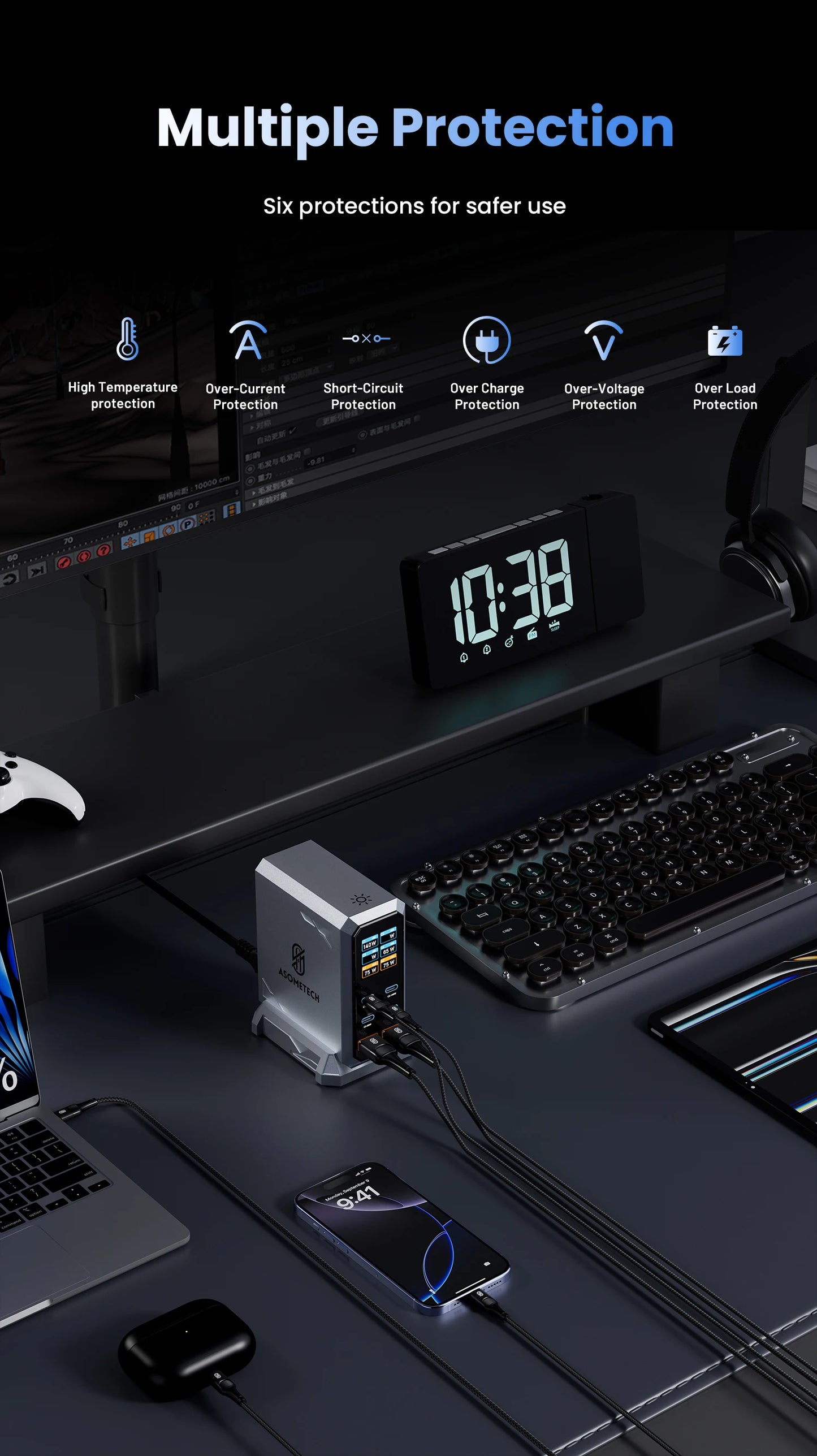 240W GaN Charger PD3.1 140W USB Type C 6 Ports PPS PD Desktop Fast Charging Station for MacBook Laptops Tablet iPhone Samsung