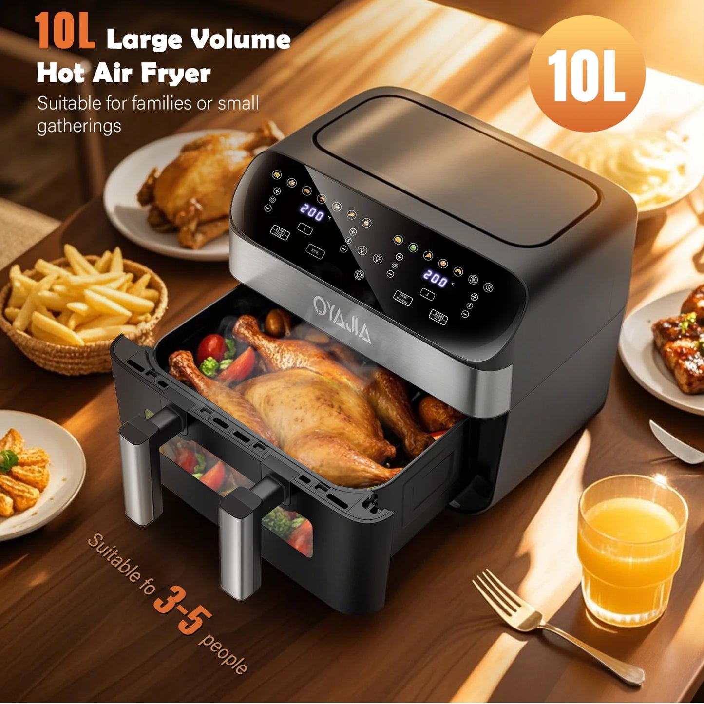 OYAJIA 10L Touch Screen Dual Basket Air Fryer with Viewable Window, 60 Min Timer, 80°C-200°C, 8 Preset Cooking Modes