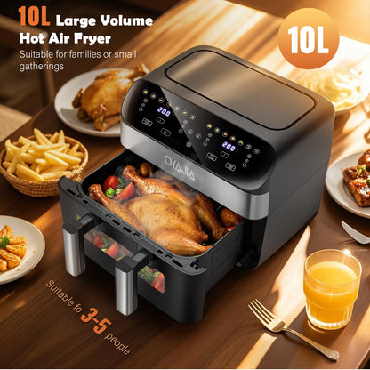 OYAJIA 10L Touch Screen Dual Basket Air Fryer with Viewable Window, 60 Min Timer, 80°C-200°C, 8 Preset Cooking Modes