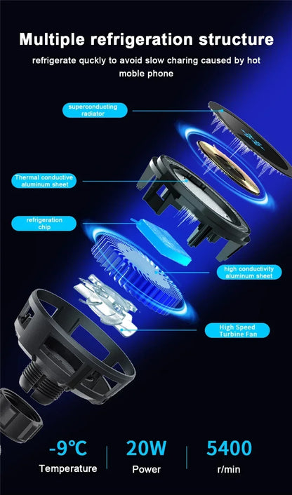 ice Cooling Magnetic Wireless Car Charger Stand for iPhone 16 15 14 13 12 Pro Max MacSafe Car Phone Holder Fast Charging Station