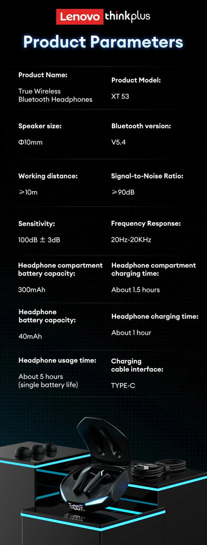 New Lenovo XT53 Wireless Upgrade Bluetooth 5.4 Earphones LED Digital Display Waterproof Headphones Low Latency Gaming Earbuds