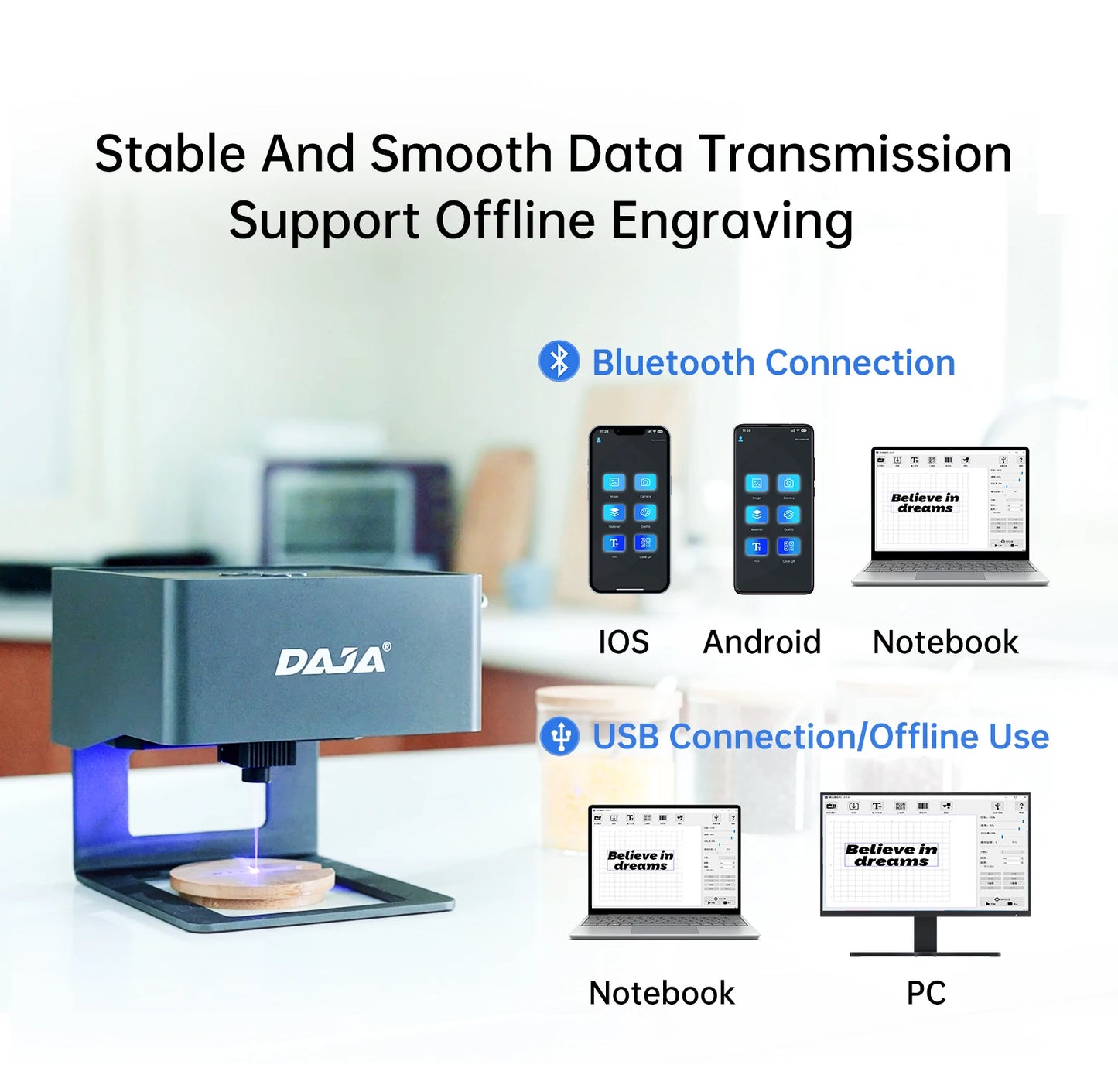 DAJA DJ6 Mini Portable Laser Engraver Diy Bluetooth Machine Painted Dog Tag Paper Leather Wooden Plastic Logo CNC Machine