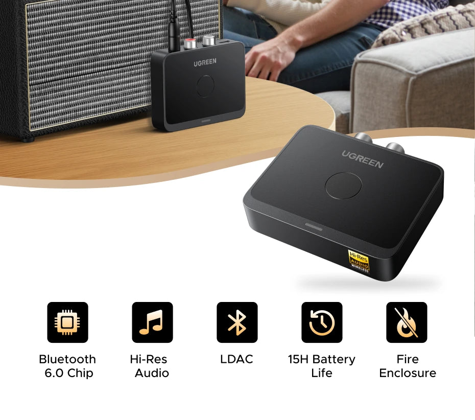 UGREEN AUX Bluetooth Receiver LDAC AAC Hi-Fi 3.5mm Jack 2RCA RCA Audio Bluetooth 6.0 Adapter Receivers 15h For Car Speaker PC