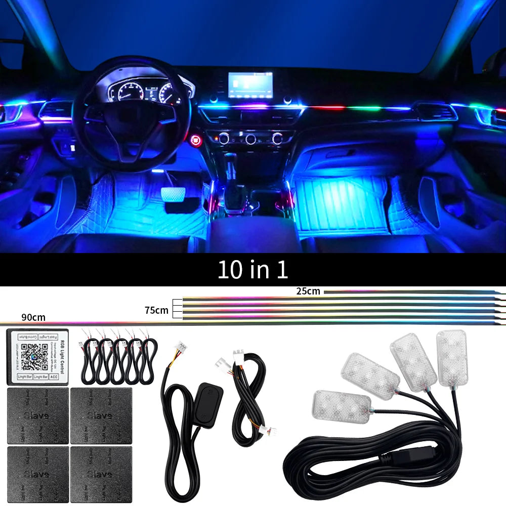 18 in 1 Dual Zone Symphony Streamer Car Ambient Light Interior LED Full Color RGB Neon Acrylic Strip Atmosphere Lighting Kit App