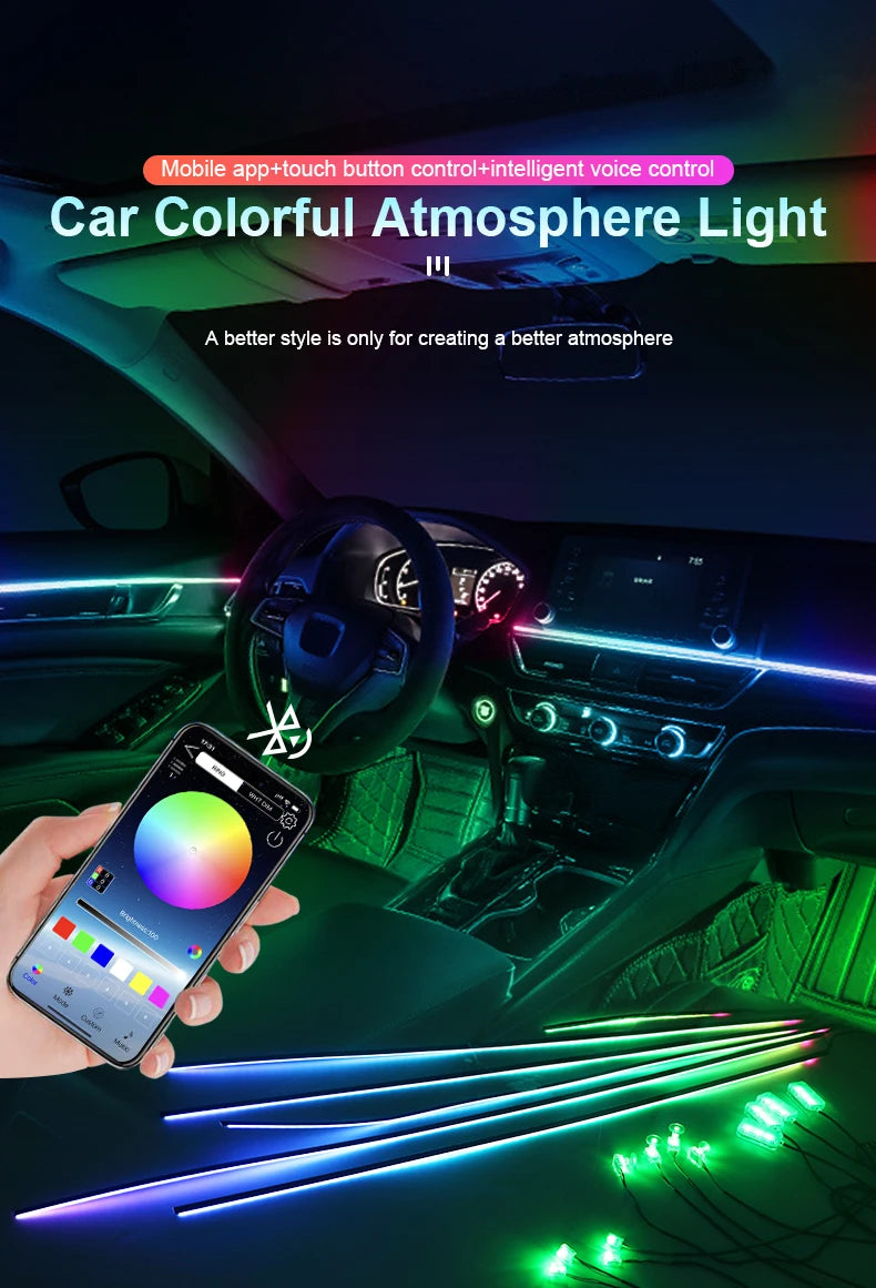 18 in 1 Dual Zone Symphony Streamer Car Ambient Light Interior LED Full Color RGB Neon Acrylic Strip Atmosphere Lighting Kit App