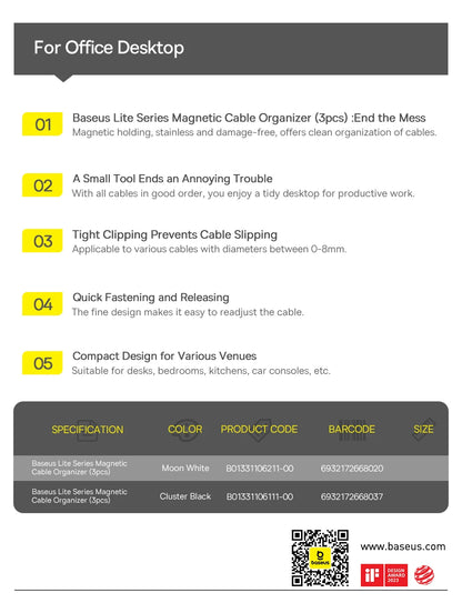 Baseus Cable Organizer Holder Magnetic Cable Smooth Adjustable Cord Holder Under Desk Cable Management Wire Keeper Cable Clips