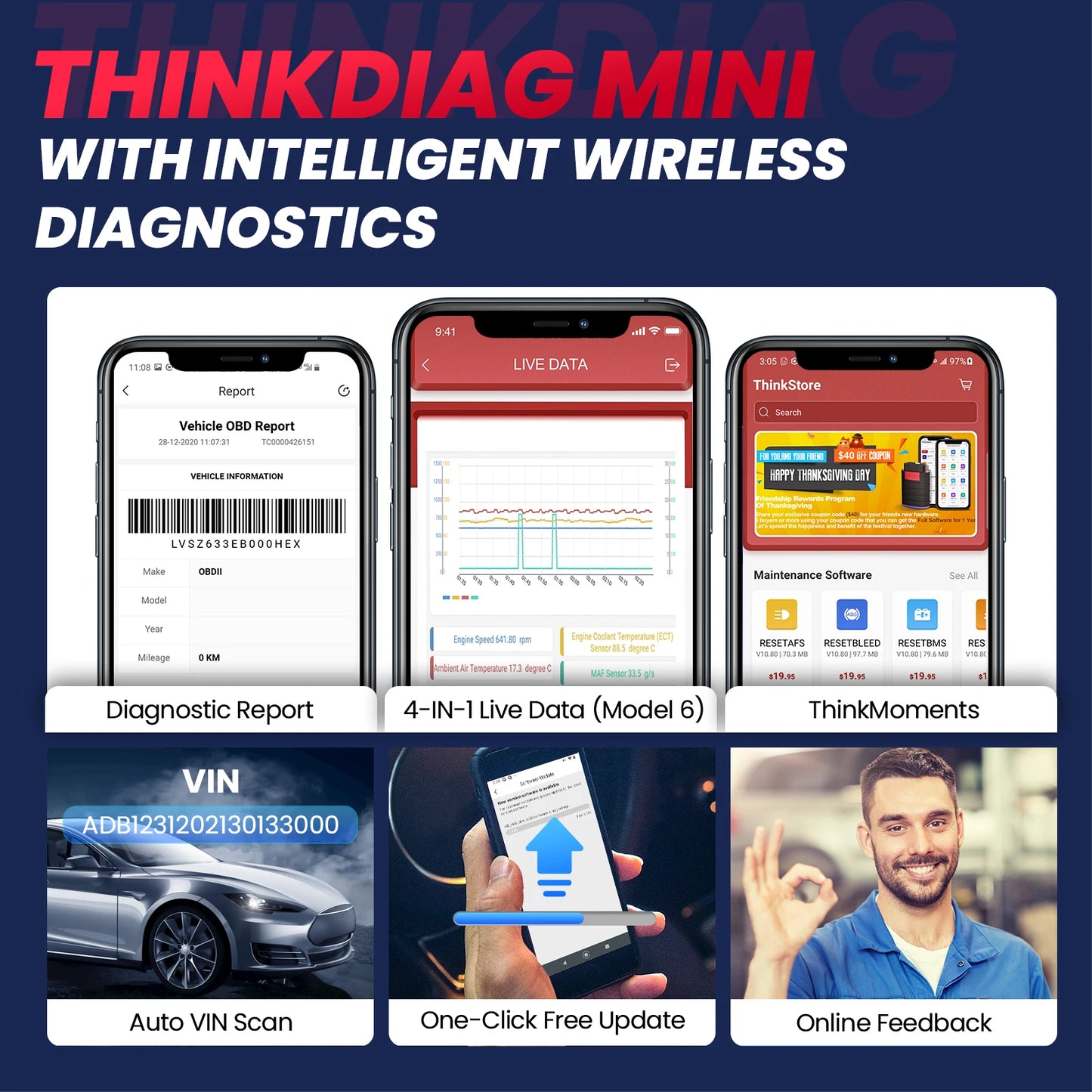 THINKCAR Thinkdiag Mini Bluetooth OBD2 Scanner Diagnostic Tool Full-System Car Scanner Check Engine Light Fault Code Reader Tool