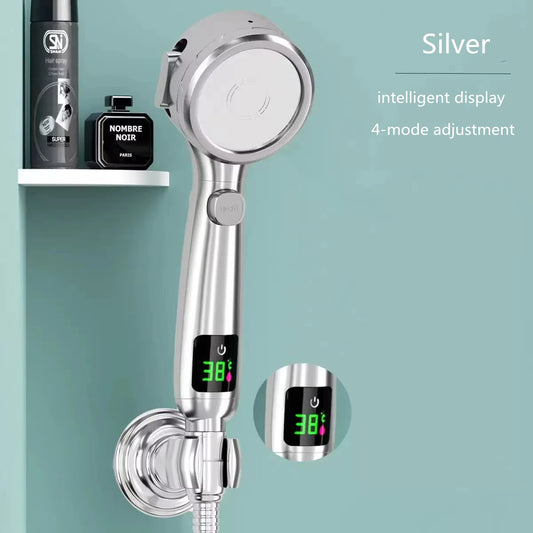 High Pressure Handheld Bathroom Shower Head Water Saving Showerhead Pressurized Adjustable Spray LED Digital Temperature Display
