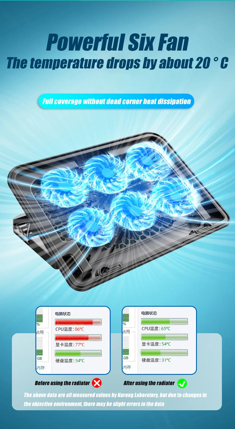 COOLCOLD A9 Gaming RGB Laptop Cooler 2 USB Ports 6 Fan Gaming Led Light Notebook Cooler For 13-18 Inch Stand For Laptop Macbook