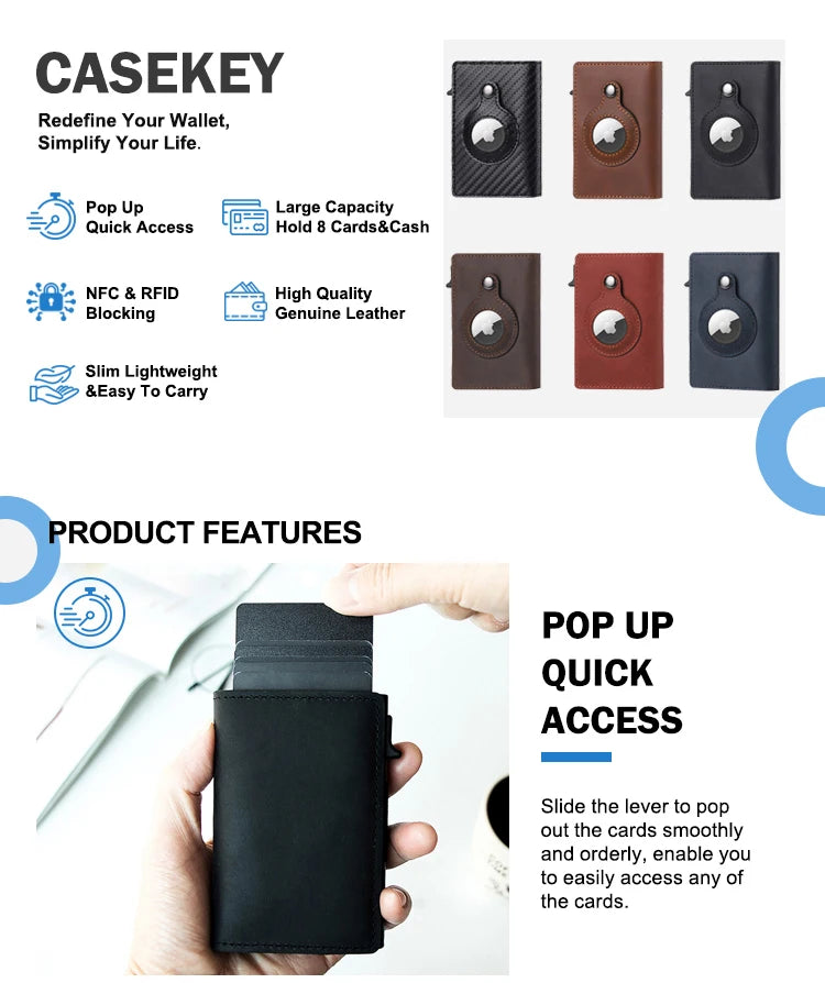 CASEKEY Men Cow Leather Smart Airtag Wallet RFID Crazy Horse Premium Leather Magnetic Closure Pop Up Credit Air Tag Card Holder
